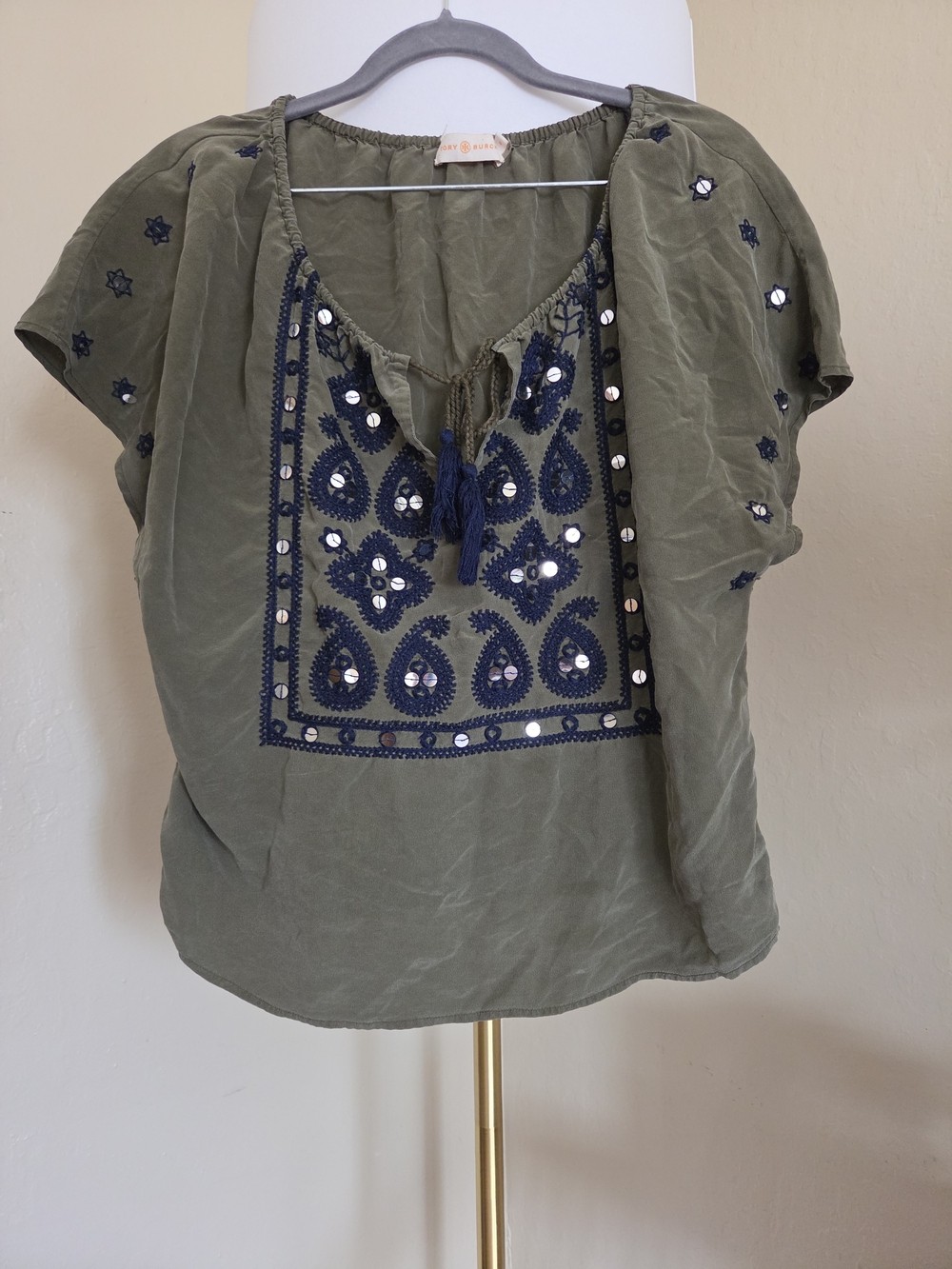 Tory Burch Dark Green Olive Camille Top with Navy Embroidery and Mirror Accents